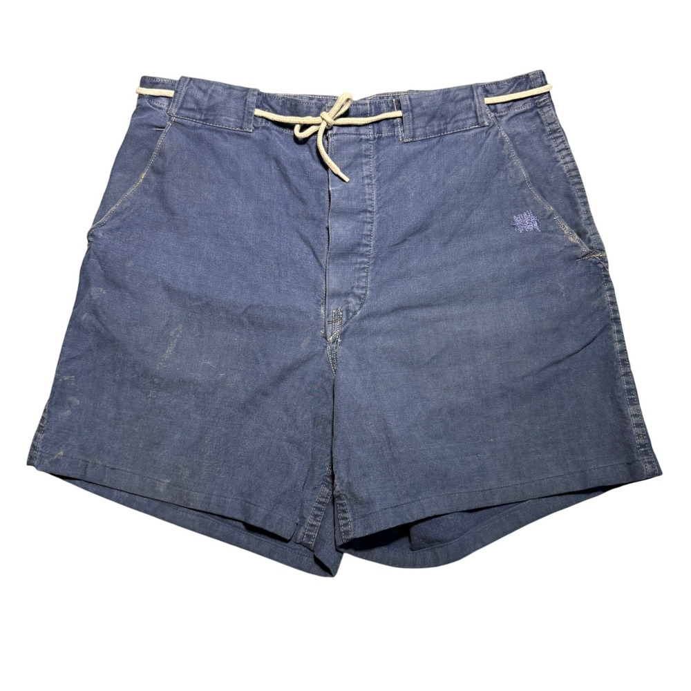 Vintage 60s Blue Canvas Surf Shorts Drawstring Button Fly Mens 33